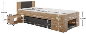 Posteľ s úložným priestorom, 90x200, dub artisan/antracit, UNIS