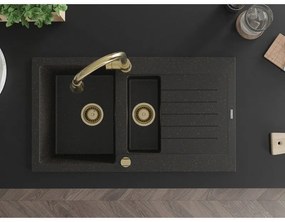 Mexen Matias, 1,5-komorový granitový drez 900x505x200 mm a drezová batéria Elia, čierna-zlatá metalíza, 6502-75-670101-50