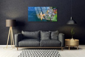 Skleneny obraz Hory mestečko noc jazero 125x50 cm