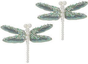 Set vianočných ozdôb Vážka, zelená, 13x9x1,5 cm, s klipom, SET 2 ks