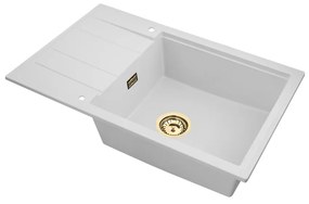 Sink Quality Ferrum New 8010, 1-komorový granitový drez 800x500x210 mm + zlatý sifón, biela, SKQ-FER.8010.WH.XG