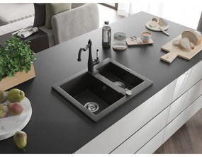 Mexen Carlos, granitový drez 582x475x177 mm, 1,5-komorový a drezová batéria Carla, čierna-zlatá metalíza, 6518-75-670700-70