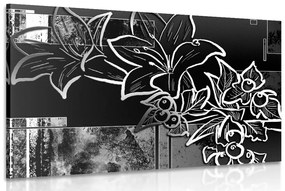 Obraz kvetinová ilustrácia v čiernobielom prevedení - 90x60