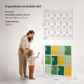 Kovová skrinka do školy a škôlky sivo-zeleno-žltá, 1090x1200x450 mm: OLA