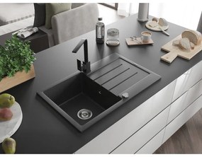 Mexen Bruno, drez granitový 795x495x200 mm, 1-komorový, čierna škvrnitá s chrómovým sifónom a čierna drezová batéria Rita, 6513-76-670300-70