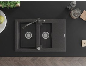 Mexen Gaspar, granitový drez 752x436x161 mm, 1,5-komorový a drezová batéria Carla, čierna škvrnitá, 6507-76-670700-76