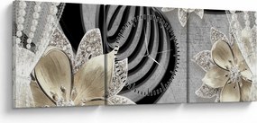 Obraz - 3D zlaté kvety (s hodinami) (90x30 cm)