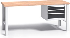 Pracovný stôl do dielne G3 so závesným boxom na náradie, buková škárovka, 3 zásuvky, pevné kovové nohy, 1700 mm, grafit