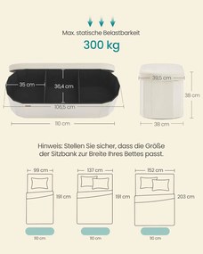 Lavica SONGMICS s úložným priestorom, úložný box, 38 x 110 x 38 cm, krémovo biela