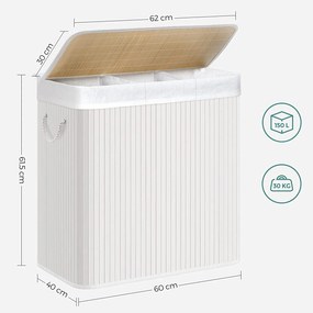 Bambusový kôš na bielizeň 150 L, 3 priehradky, biely