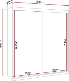 Šatníková skriňa s posuvnými dverami MARBELA Bielý lesk 200 x 215 x 58