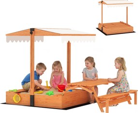 AIYAPLAY drevené detské pieskovisko s nastaviteľným slnečníkom, skladací piknikový stôl a lavičky, kryt, pre 6 detí (3–8 rokov), 184 × 110 × 120 cm, h
