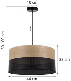 Závesné svietidlo Wood, 1x dýha zlatý dub/čierne PVC tienidlo, (fi 44cm)