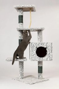 Poschodový škrabací strom pre mačky s domčekom v sivej farbe