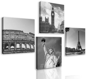 Set obrazov turistické pamiatky v čiernobielom prevedení