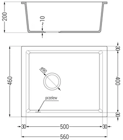 Mexen Pedro, granitový drez 560x460x200 mm, 1-komorový, čierna-strieborná metalíza s čiernym sifónom, 6508561000-73-B
