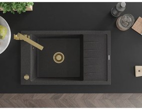 Mexen Elias, granitový drez granitový 795x480x200 mm, 1-komorový, čierna škvrnitá so zlatým sifónom a zlatá drezová batéria Rita, 6511-76-670300-50
