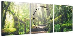 Obraz - drevené schody v lese (s hodinami) (90x30 cm)