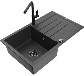 Mexen Bruno, 1-komorový granitový drez 795x495x200 mm a drezová batéria Flora, čierna škvrnitá, 6513-76-670401-70-B