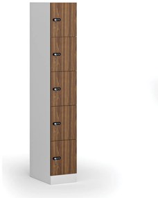 Šatníková skrinka s úložnými boxmi, 5 boxov, 1850 x 300 x 500 mm, mechanický kódový zámok, laminované dvere, orech