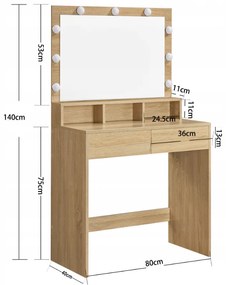 Toaletný stolík so zrkadlom a osvetlením WESO SONOMA 80x140 cm
