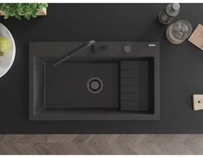 Mexen Omar, 1-komorový granitový drez 800x480x210 mm, čierna škvrnitá, grafitový sifón, 6520801005-76-B