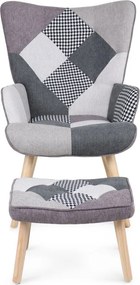 Relaxačné kreslo ušiak LISA + taburet — masív, látka, čiernobiely patchwork