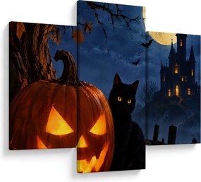 Obraz - Čierna mačka pri svietiacej tekvici na Halloween (90x60 cm)