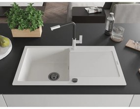 Mexen Leo, 1-komorový granitový drez 900x500x190 mm a drezová batéria Flora, biela, 6501-20-670401-07-B
