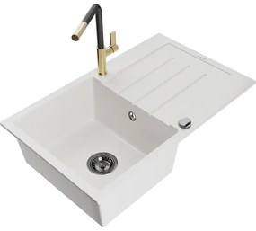 Mexen Bruno, 1-komorový granitový drez 795x495x200 mm a drezová batéria Flora, biela, 6513-20-670401-57-B