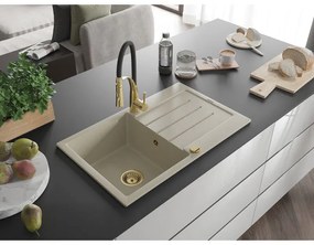 Mexen Bruno, 1-komorový granitový drez 795x495x200 mm a drezová batéria Aster, béžová, 6513-69-73450-57-G
