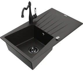 Mexen Cesar, 1-komorový granitový drez 775x470x190 mm a drezová batéria Carla, čierna-zlatá metalíza, 6514-75-670700-70-B