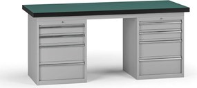 Pracovný stôl do dielne G8, 1800 x 750 x 800 mm, 2x kontejner, 8 zásuviek, sivá