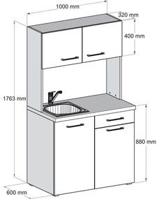 Kuchynka PRIMO , drez, batéria, 1/2 dvierka, biela/grafitová