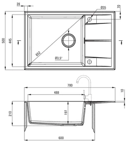 Deante Eridan, granitový drez na dosku 780x500x210 mm Z/O, 3,5" + priestorovo úsporný sifón, 1-komorový, čierna, ZQE_N11B