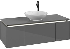 VILLEROY &amp; BOCH Legato závesná skrinka pod umývadlo na dosku (umývadlo v strede), 3 zásuvky, s LED osvetlením, 1200 x 500 x 380 mm, Glossy Grey, B577L0FP