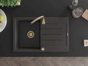 Mexen Bruno, granitový drez 795x495x200 mm, 1-komorový, čierna škvrnitá so zlatým sifónom, 6513791010-76-G