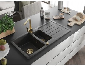 Mexen Andres, granitový drez 1000x500x200 mm, 1,5-komorový, čierna škvrnitá so zlatým sifónom a zlatá drezová batéria Rita, 6515-76-670300-50