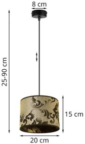 Závesné svietidlo Werona 1, 1x čierne/zlaté textilné tienidlo so vzorom, (fi 20cm)