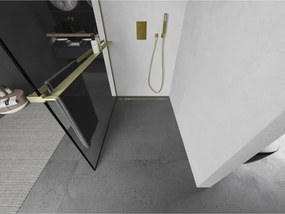Mexen Kioto+ L, sprchová zástena Walk-In s poličkou a vešiakom 100 x 200 cm, 8mm číre sklo čierny vzor, zlatý matný profil, 800-100-123-55-70