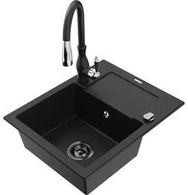 Mexen Enzo, 1-komorový granitový drez 576x465x174 mm a drezová batéria Savita, čierna, 6506-77-672601-70-B