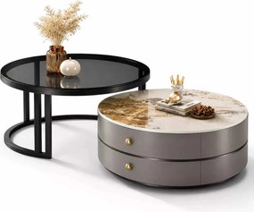 LuxuryForm DESIGN Konferenčný stolík ORION 70 × 70 / 50 × 50 cm – sivý / béžový mramor + sklo (set 2 ks)