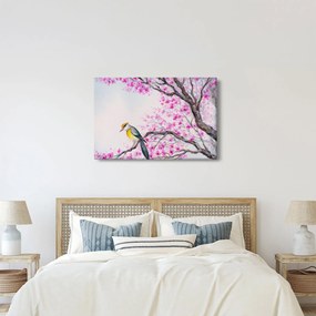 Obraz - Vtáčik na strome s ružovými kvetmi (90x60 cm)