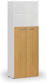 Kombinovaná kancelárska skriňa PRIMO WHITE, dvere na 4 poschodia, 800 x 420 x 2128 mm, biela/buk