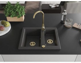 Mexen Carlos, granitový drez 582x475x177 mm, 1,5-komorový a zlatá drezová batéria Telma, čierna škvrnitá, 6518-76-670200-50