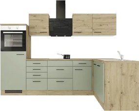 Rohová kuchynská linka so spotrebičmi Cara 280 cm farba čela zelená dub matná farba korpusu dub
