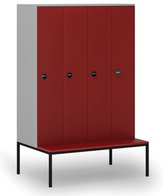 Drevená šatníková skrinka s lavičkou, 4 oddiely, 1871 x 1200 x 500/800 mm, demont, RFID zámok, sivá / červená