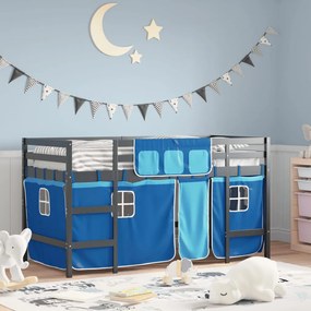 Detská vyvýšená posteľ závesy modrá 90x200 cm masívna borovica 3206971