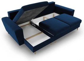 Modrá zamatová rozkladacia/s úložným priestorom rohová pohovka Kyoto – Cosmopolitan Design