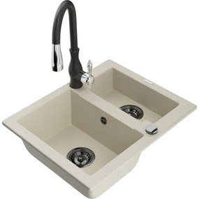 Mexen Carlos, 1,5-komorový granitový drez 582x475x177 mm a drezová batéria Savita, béžová, 6518-69-672601-70